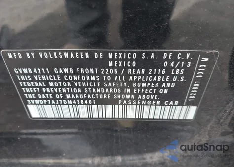 2013 Volkswagen Jetta 2.5L Se from USA, damaged, VIN 3VWDP7AJ7DM438401